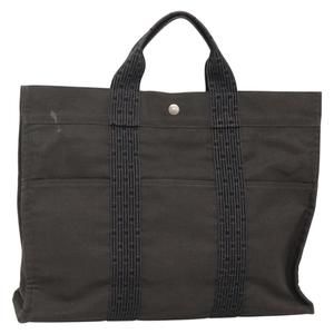 HERMES Her Line MM Hand Bag Canvas Gray Silver Auth 141514